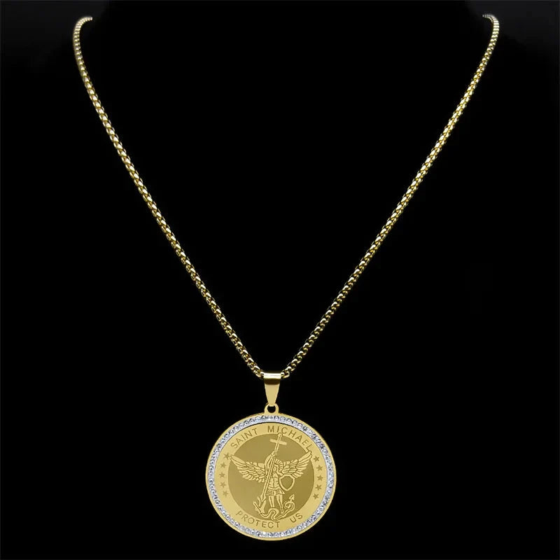 ALDO Jewelry Archangel Saint Michael  Stainless Steel Amulet Medal Pendant Necklace with Rhinesstones for Protection Men and Women