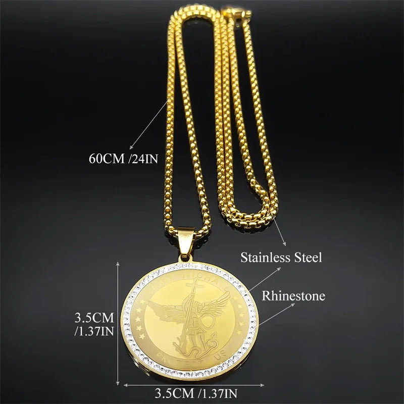 ALDO Jewelry Archangel Saint Michael  Stainless Steel Amulet Medal Pendant Necklace with Rhinesstones for Protection Men and Women