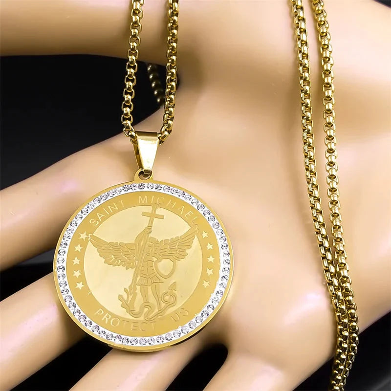 ALDO Jewelry Archangel Saint Michael  Stainless Steel Amulet Medal Pendant Necklace with Rhinesstones for Protection Men and Women