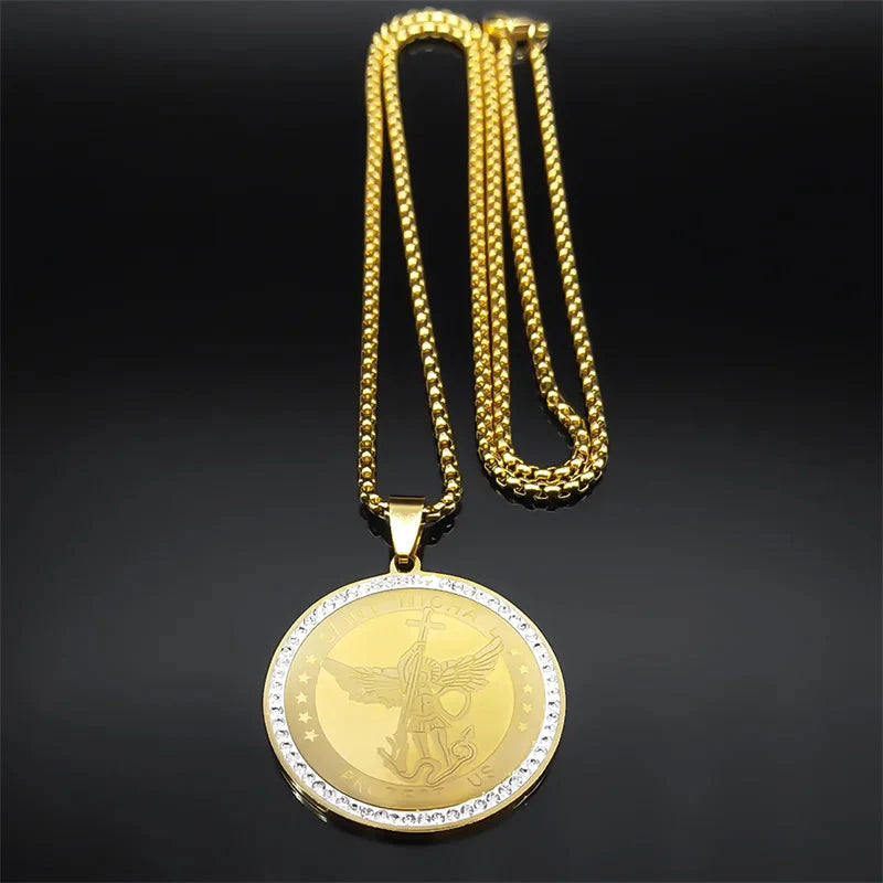 ALDO Jewelry Archangel Saint Michael  Stainless Steel Amulet Medal Pendant Necklace with Rhinesstones for Protection Men and Women