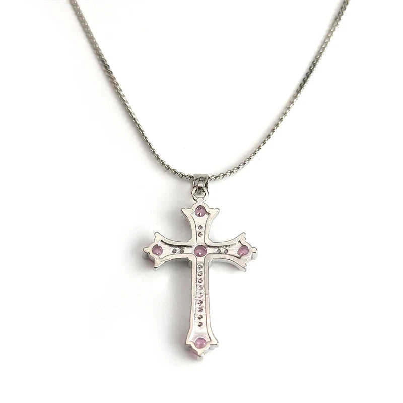 ALDO Jewelry Cross Copper Pink Zircon Stones Pendant Necklace for Men and Women Stainless Steel