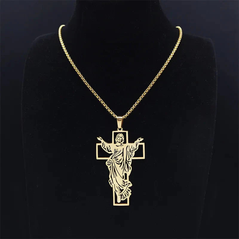 ALDO Jewelry Cross with Jesus Christ Stainless Steel Amulet Medal Pendant Necklace for Men and Women