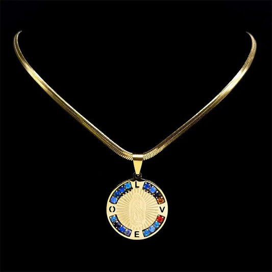 ALDO Jewelry Virgin Mary  Our Lady Guadalupe  Stainless Steel Amulet Medal Pendant Necklace with Rhinesstones for Protection Men and Women