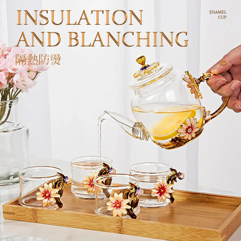 ALDO ‎> Kitchen & Dining > Tableware > Dinnerware Beautiful Enamel Crystal Tea Set and Daisy Glass Teapot