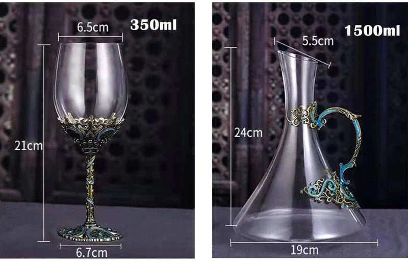ALDO Kitchen & Dining > Tableware > Drinkware Four Enamel Wine Glasses and One Wine Decanter Set / Crystal / Wine Glass:  21.5 x 6.7 x 6.5cm. Decanter: 24cm x 19 cm x 5.5 cm Custom Made Vintage Enamel Lead Free Crystal Goblets Wine Glasses and Wine Decanter Set