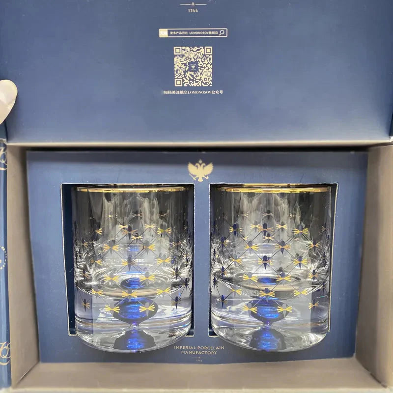 ALDO Kitchen & Dining > Tableware > Drinkware Gift Set 2 Imperial Cobalt Blue Net Crystal Glass Manual Carved Lead Free Crystal with Gold leaf Whiskey Coctail Glass