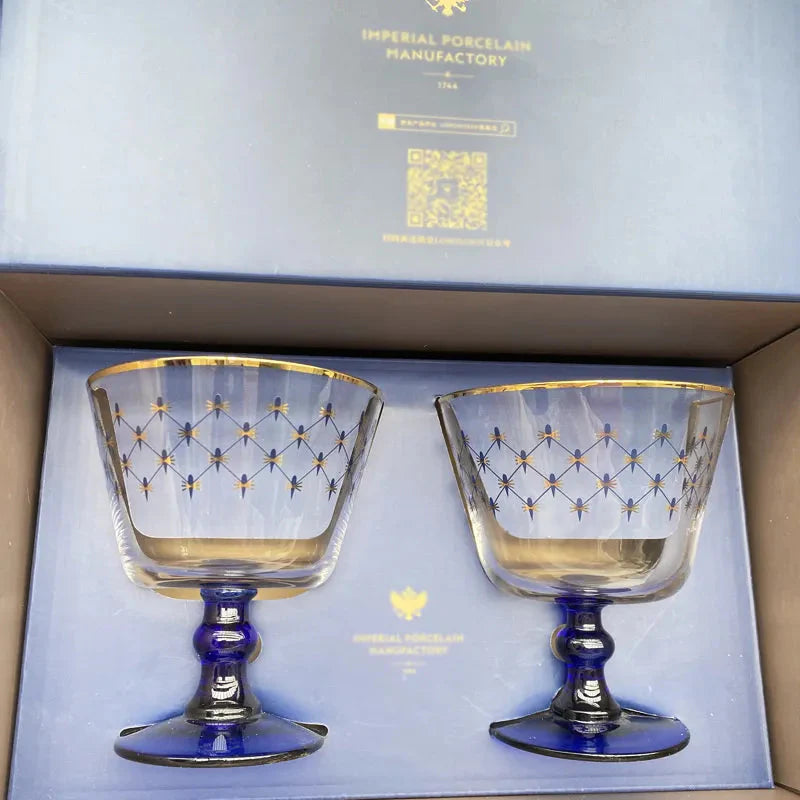 ALDO Kitchen & Dining > Tableware > Drinkware Imperial Cobalt Blue Net Crystal Glass Manual Carved Lead Free Crystal with Gold leaf Whiskey Coctail Glass