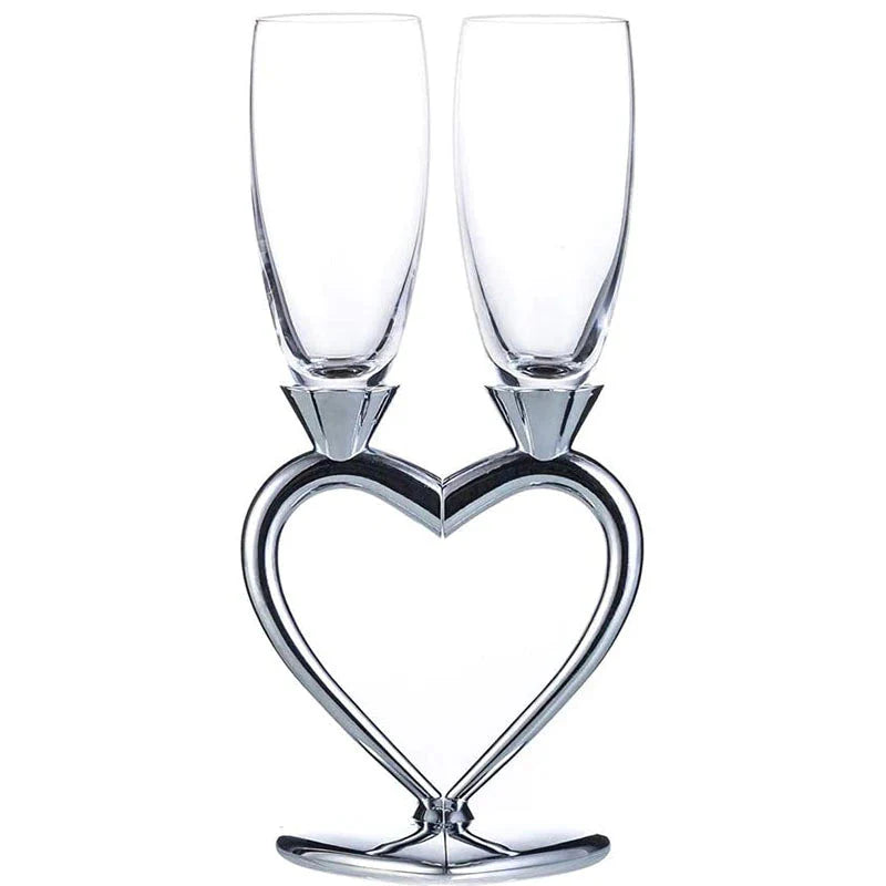 ALDO Kitchen & Dining > Tableware > Drinkware New / Lead free Crystal / 10" inh x 1.9" inch Each Custom Made Two Hearts Wedding Led Free Crystal Champagne Wine Glasses Set of Two