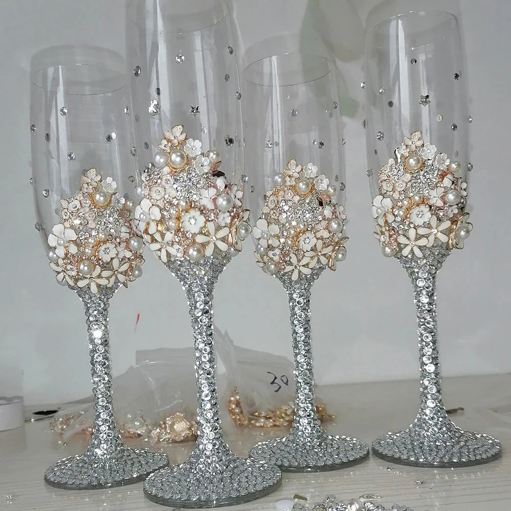 ALDO Kitchen & Dining > Tableware > Drinkware New / Lead free Crystal / transperent Handmade Amazing Bride and Groom Dressed In Rhinestone Led Free Crystal Champagne Wine Glasses Set of Two