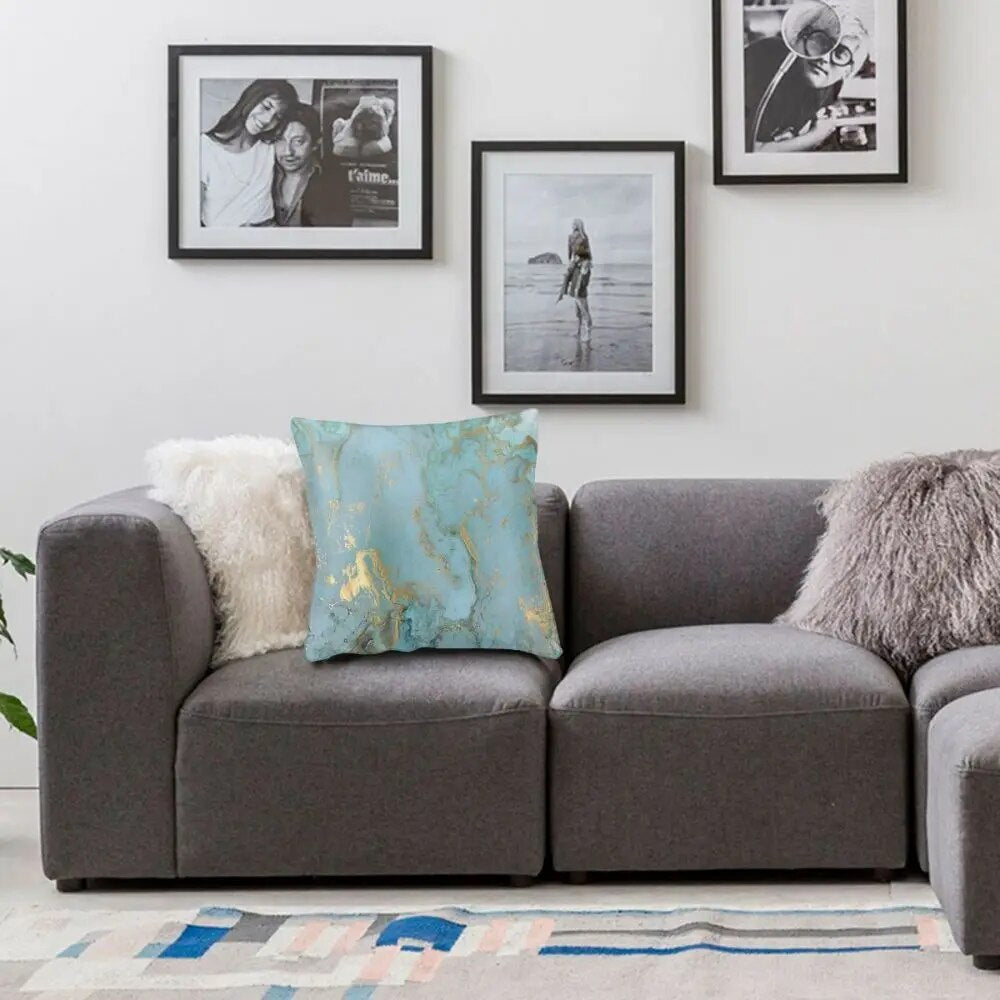 ALDO Linens & Bedding > Bedding > Pillowcases & Shams Gold Effect Turquoise Blue Teal Marbling Graphic Design Throw Polyester Pillow Cover