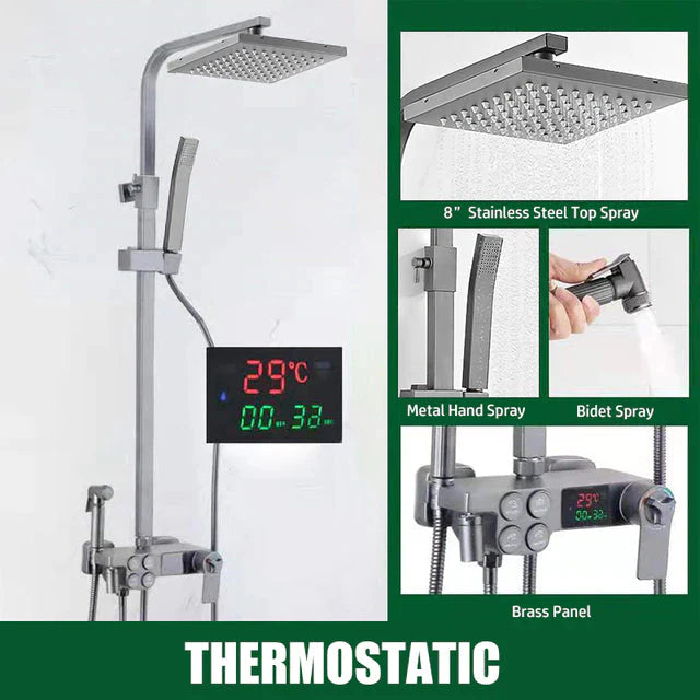 ALDO Plumbing > Plumbing Fixture Hardware & Parts > Shower Parts > Shower Heads Digital Bathroom Shower System with LED and Smart Thermostat Temperature Display Wall Mount Rainfall Head Faucet