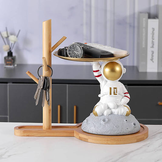 ALDO Tables > Accent Tables 10.5" H. x 13.6" L x 7 " W / new / resin Astronaut Apollo 11 Butler Seating on the Moon Sculptural Statue with Metal Tray and Wood Shelf