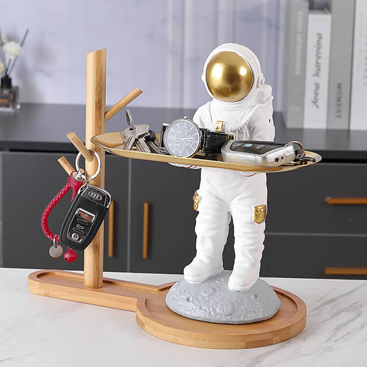 ALDO Tables > Accent Tables 10.5" H. x 13.6" L x 7 " W / new / resin Astronaut Apollo 11 Butler Standing on the Moon Sculptural Statue with Metal Tray and Wood Shelf