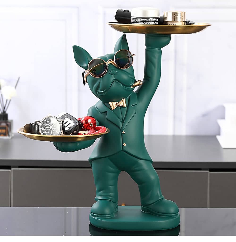 ALDO Tables > Accent Tables 12.9" H.  x 12" L  x 9 " W / new / resin French Bulldogs Black and Green Butler Sculptural Statues with Metal Tray Set of Two