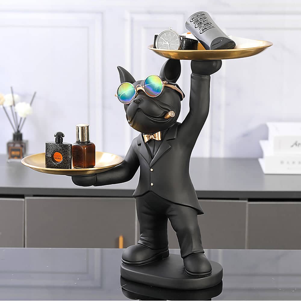 ALDO Tables > Accent Tables 12.9" H.  x 12" L  x 9 " W / new / resin Personal Butler French Bulldogs Black and Brown Sculptural Statues with Metal Tray Set of Two