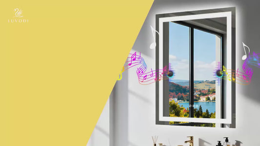 Front-lit  LED Anti-Fog  3 Colors Dimmable Design Wall Mounted with Bluetooth Speaker Square Tempered Glass Waterproof Vanity Mirror