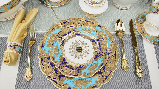 Verona Luxury  Baroque Blue Lagoon Royal Imperial Art Design 24 Karat Gold Embossed Fine Porcelain Bone China 98 Pies Dinner Sets